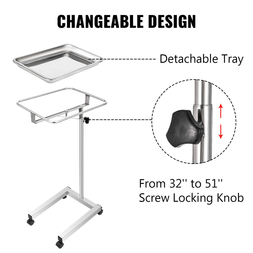 Lab Cart, Stainless Steel Mayo Tray Stand 18 x 14 in Trolley Mayo Stand, Adjustable Height 32-51 in Instrument Tray with Removable Tray & 4 Omnidirectional Wheels, Ideal for Home Equipment