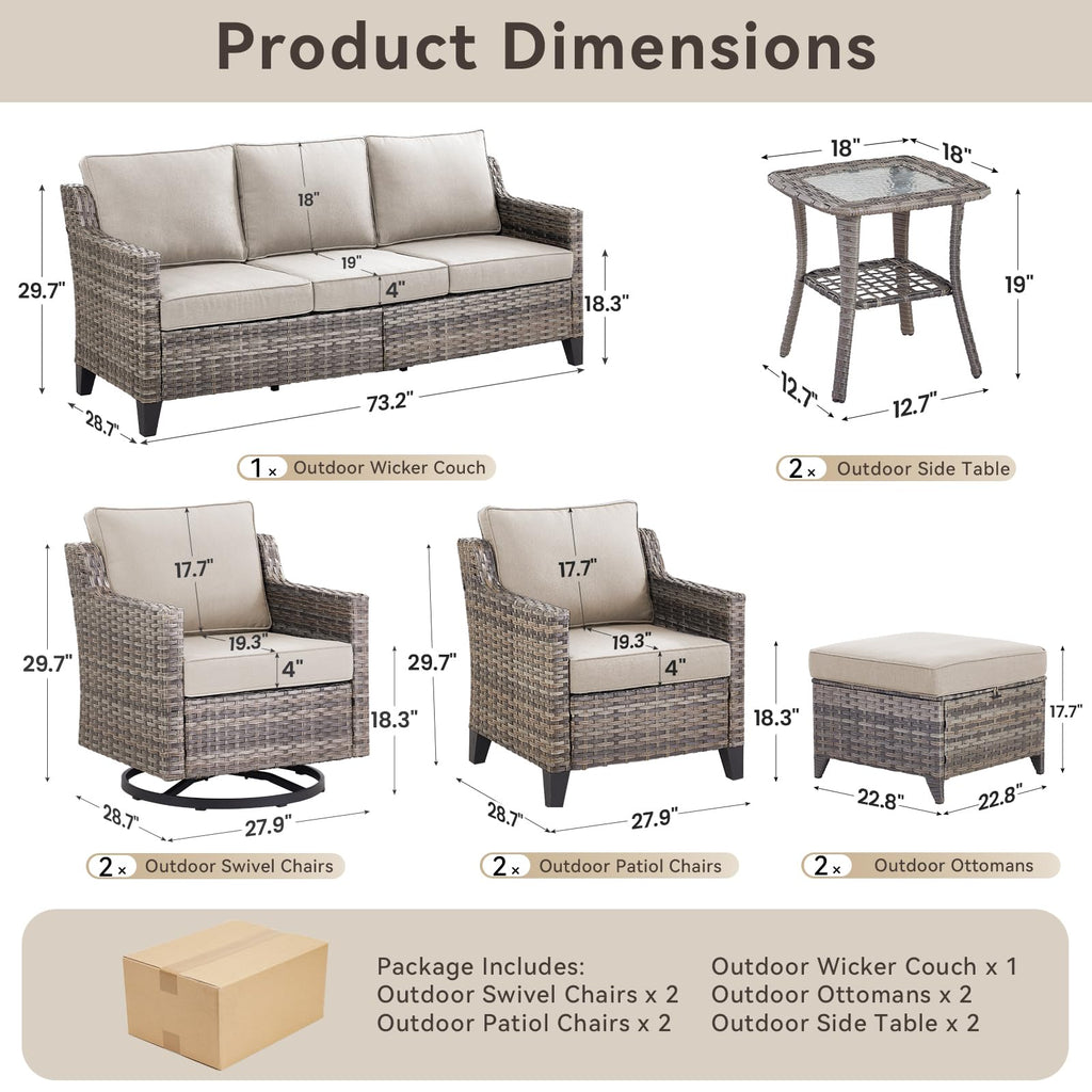 9 Piece Patio Furniture Set-All Weather Outdoor Conversation Sets Sectional Sofa with Wicker Swivel Rocker Patio Chairs, Comfy Cushions Ottomans for Porch Balcony Patio Grey/Beige