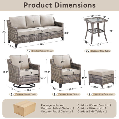 9 Piece Patio Furniture Set-All Weather Outdoor Conversation Sets Sectional Sofa with Wicker Swivel Rocker Patio Chairs, Comfy Cushions Ottomans for Porch Balcony Patio Grey/Beige