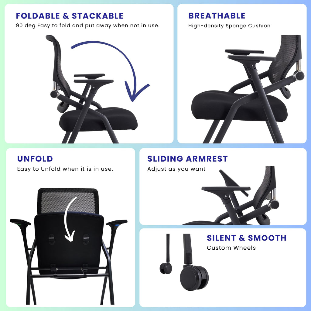 10 Pack Stackable & Foldable Conference Room Chairs with Lumbar Support, Armrest - Ergonomic Mesh Bouncing Back for Office Meeting, Conference, Reception and Training Room Chair