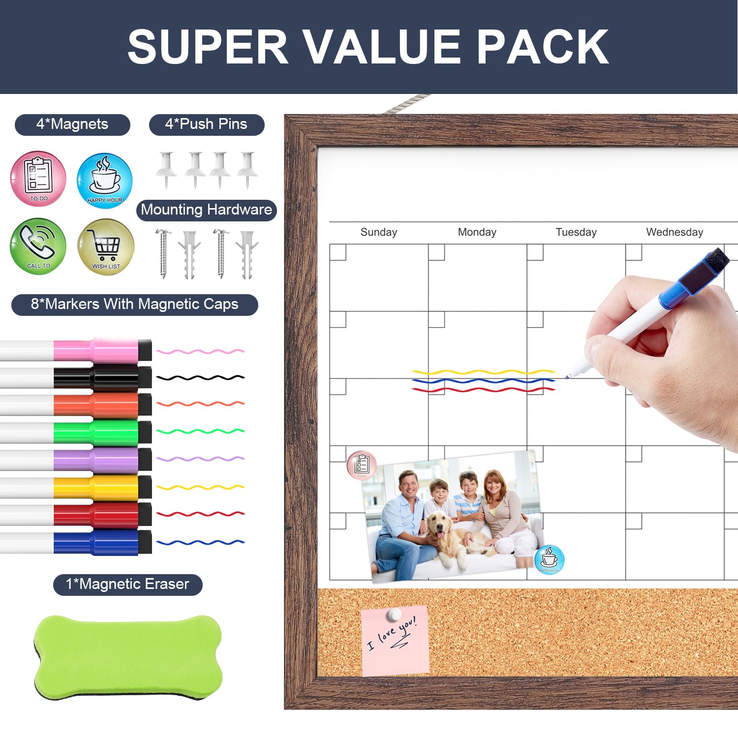 Calendar Whiteboard for Wall, 17x13 Inches White Board Calendar Dry Erase, Small Magnetic White Board with Wood Frame, Hanging Dry Erase Board for Kitchen Home Office School Planner