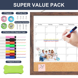 Calendar Whiteboard for Wall, 17x13 Inches White Board Calendar Dry Erase, Small Magnetic White Board with Wood Frame, Hanging Dry Erase Board for Kitchen Home Office School Planner