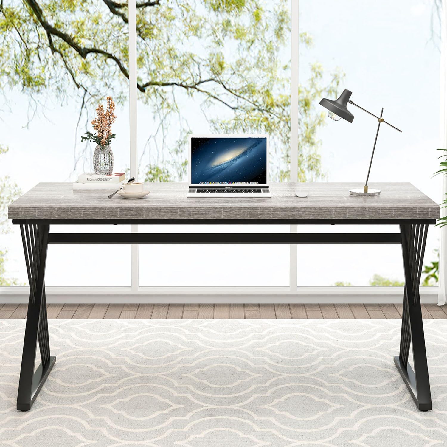 Modern Desk, Rustic Wood and Metal Computer Desks for Home Office, Simple Study Writing Work Table for Bedroom Living Room, Light Grey, 60 Inch