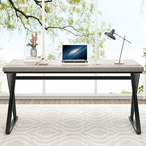 Modern Desk, Rustic Wood and Metal Computer Desks for Home Office, Simple Study Writing Work Table for Bedroom Living Room, Light Grey, 60 Inch