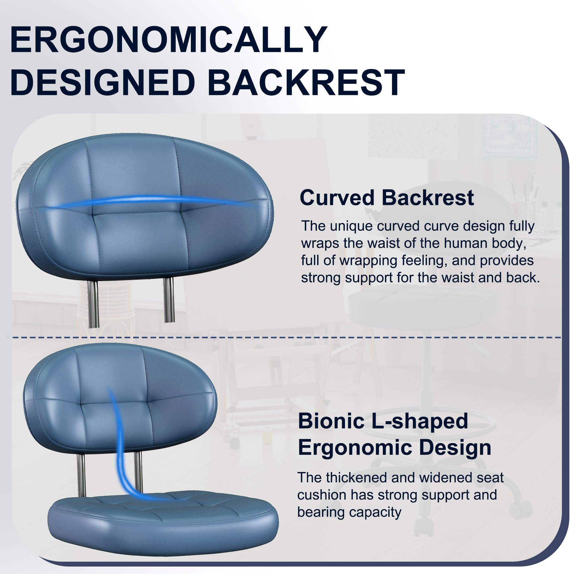 Drafting Chair Without Arms, Tall Office Chair with Footrest Ring for Standing Desk, Small Faux Leather Executive Chair with Adjustable Height for Bar Lab Counter Height Desk, Navy Blue