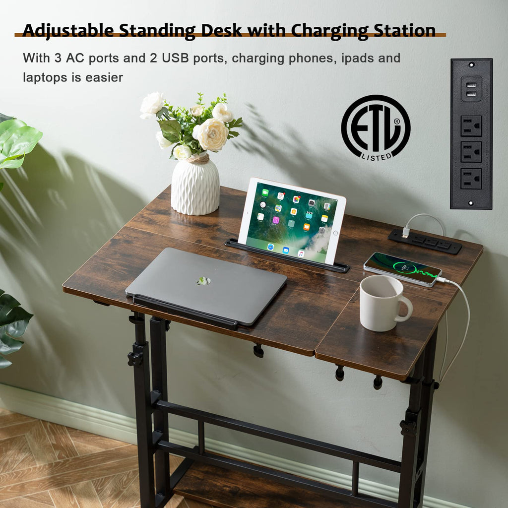Mobile Standing Desk Adjustable Height, Rolling Desk Stand Up Desk, Mobile Laptop Desk, Rolling Computer Desk with Charging Station, Portable Desk with Wheels, Rustic Brown
