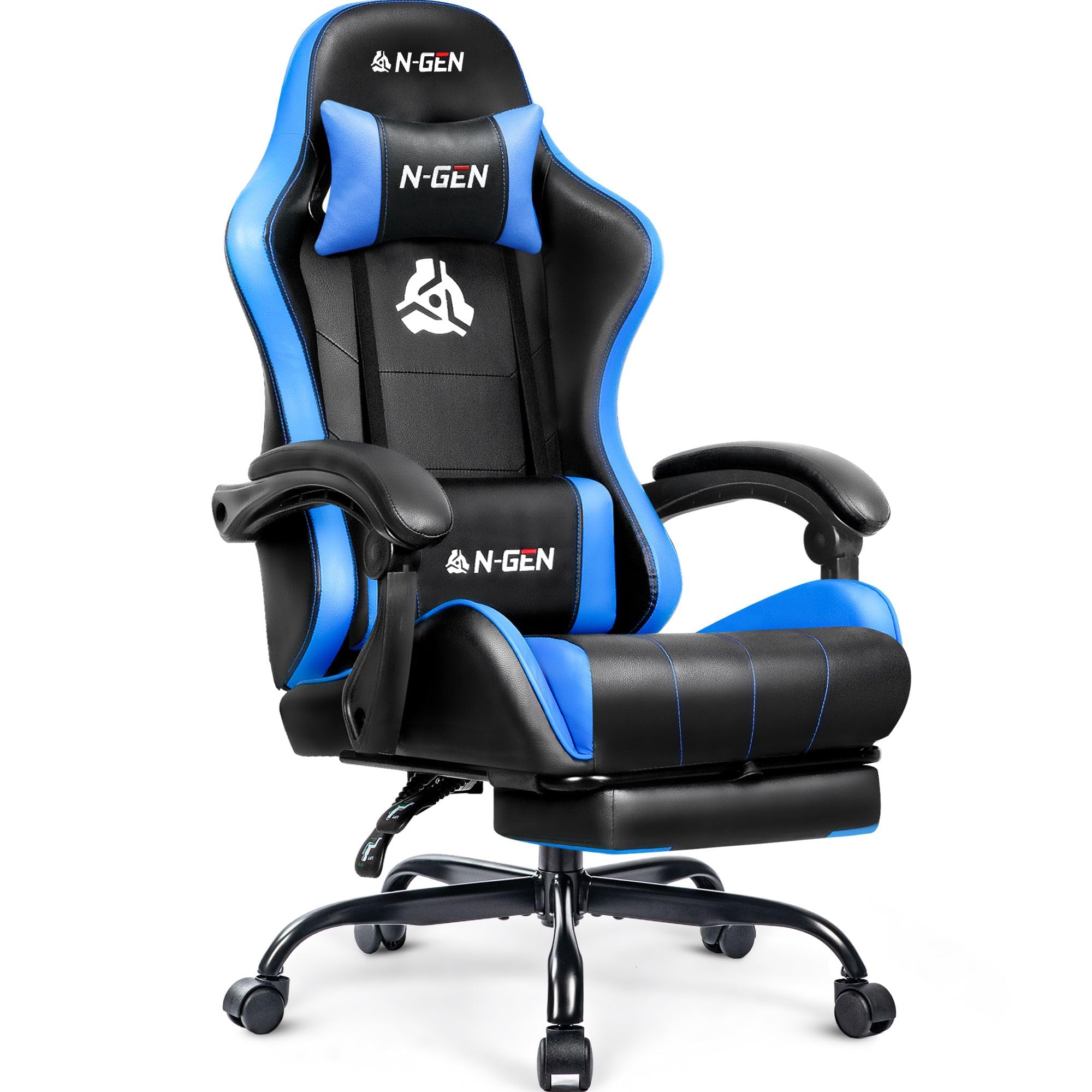 Video Gaming Chair with Footrest Lumbar Support for Home Office High Back Recliner Height Adjustable Ergonomic Comfy Leather Computer Desk Chair (Blue)