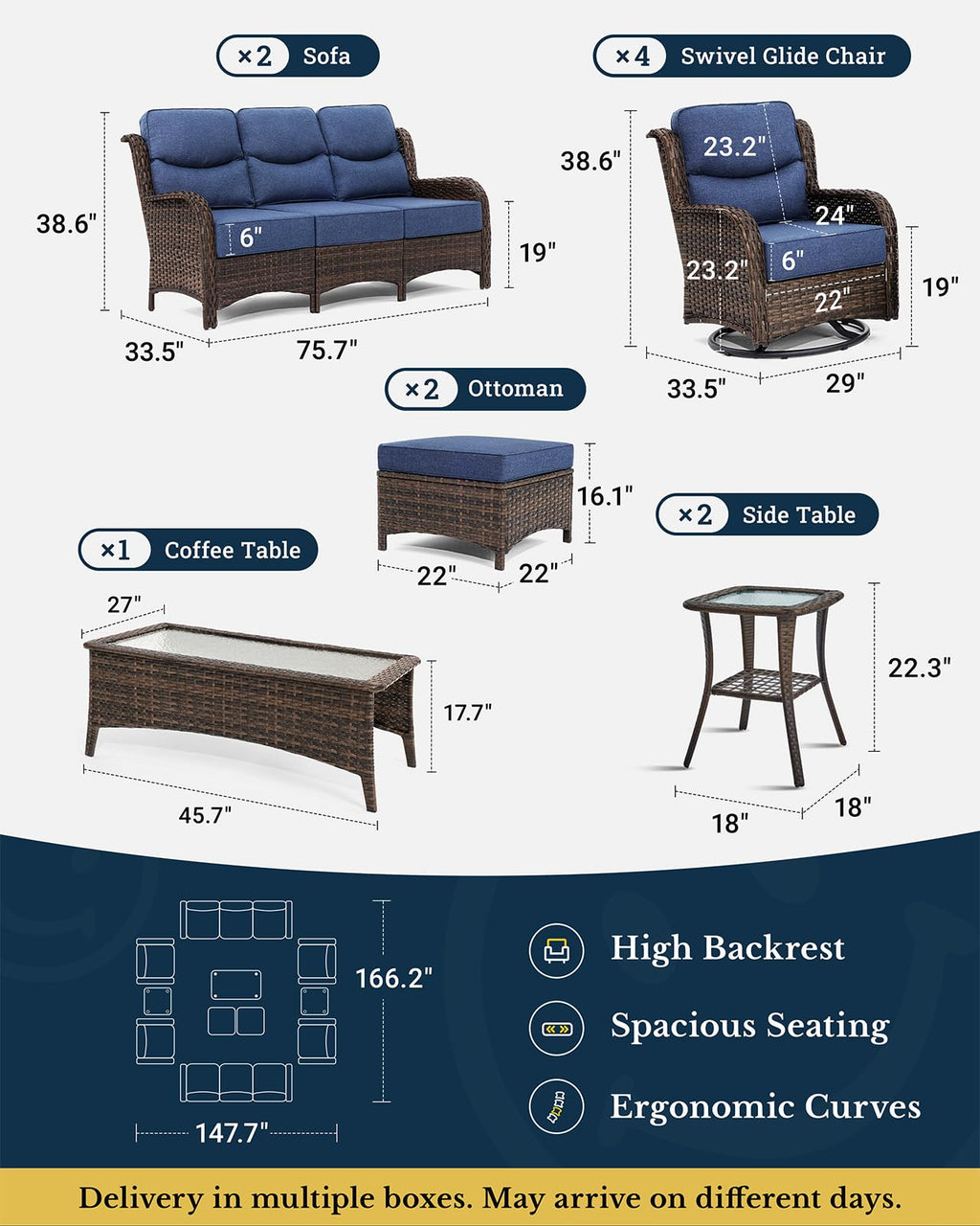 Luxury Patio Furniture Set with 6-inch Thick Cushion, Outdoor Couch and High Back Swivel Rocker Patio Chairs, 11PCS Wicker Conversation Set for Deck Yard and Poolside, Blue (V2)