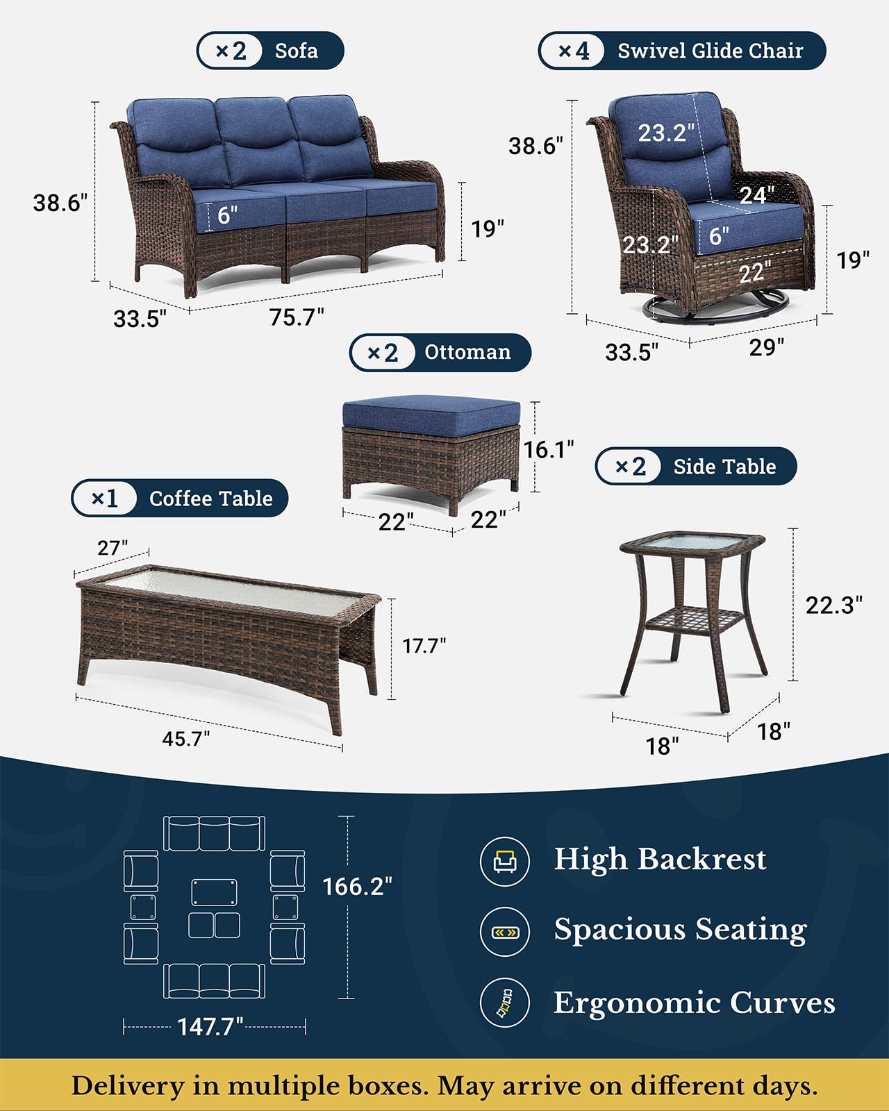 Luxury Patio Furniture Set with 6-inch Thick Cushion, Outdoor Couch and High Back Swivel Rocker Patio Chairs, 11PCS Wicker Conversation Set for Deck Yard and Poolside, Blue (V2)