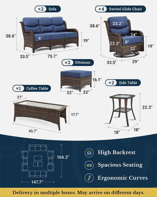 Luxury Patio Furniture Set with 6-inch Thick Cushion, Outdoor Couch and High Back Swivel Rocker Patio Chairs, 11PCS Wicker Conversation Set for Deck Yard and Poolside, Blue (V2)