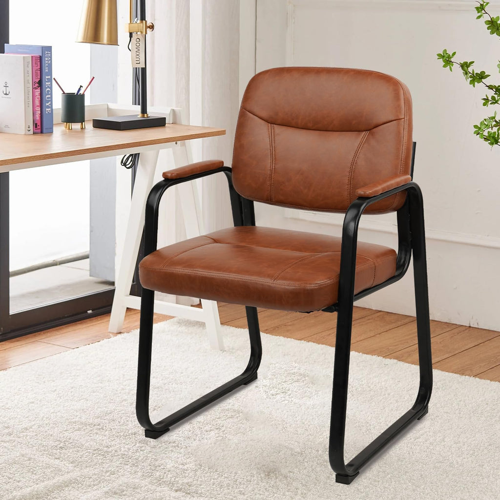 Waiting Room Guest Chair with Bonded Leather Padded Arm Rest for Office Reception and Conference Desk Black with Sled Base Brown 4 Pack