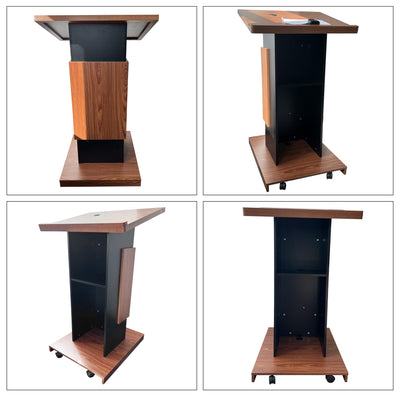 Wood Podium with Wheels,Wooden Lectern Stand,15MM Particle Board,Elegant Design with Storage,Mic Stand Space, Wooden Pulpit for Restaurants,Churches,Seminars and Schools