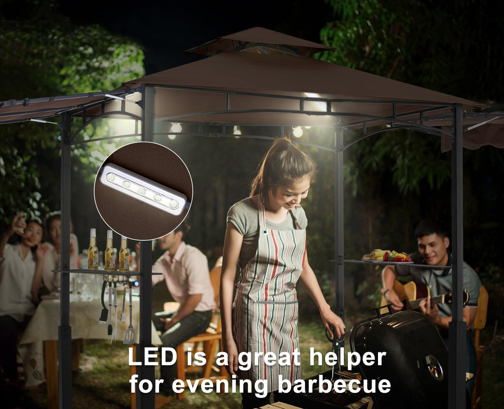 Grill Gazebo with 2 Side Awnings - 14x5 Outdoor BBQ Canopy Shelter with 2 Led Lights for Patio Backyard Grilling (Brown)