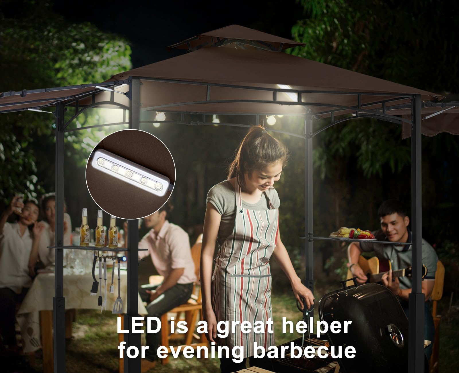 Grill Gazebo with 2 Side Awnings - 14x5 Outdoor BBQ Canopy Shelter with 2 Led Lights for Patio Backyard Grilling (Brown)