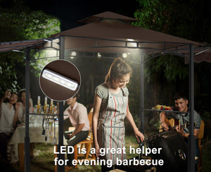 Grill Gazebo with 2 Side Awnings - 14x5 Outdoor BBQ Canopy Shelter with 2 Led Lights for Patio Backyard Grilling (Brown)