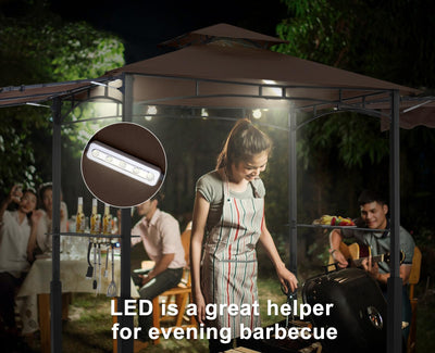 Grill Gazebo with 2 Side Awnings - 14x5 Outdoor BBQ Canopy Shelter with 2 Led Lights for Patio Backyard Grilling (Brown)