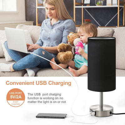 Bedside Lamp with USB Port - Touch Control Table Lamp for Bedroom Wood 3 Way Dimmable Nightstand Lamp with Round Black Shade for Living Room, Dorm, Home Office (LED Bulb Included) (Blacl2)