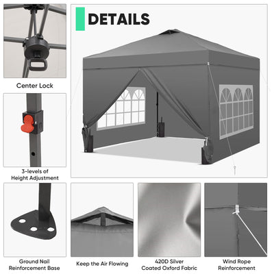12x12 Pop Up Canopy Tent with 4 Sidewalls, Easy Set up with One Push Lift Gazebo with Wheel Bag and4 Sandbags,Carpas for Events, Parties,Camping, Gray.