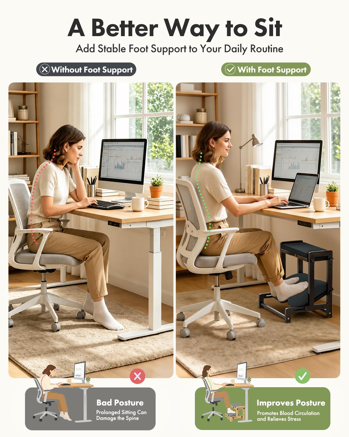 Double Step Foot Rest for Under Desk, 4 Adjustable Heights Bamboo Under Desk footrest with Soft Cushion, Dual-Layer Desk Foot Stool for Office Home Gaming, Natural Wood Foot Rests for Work