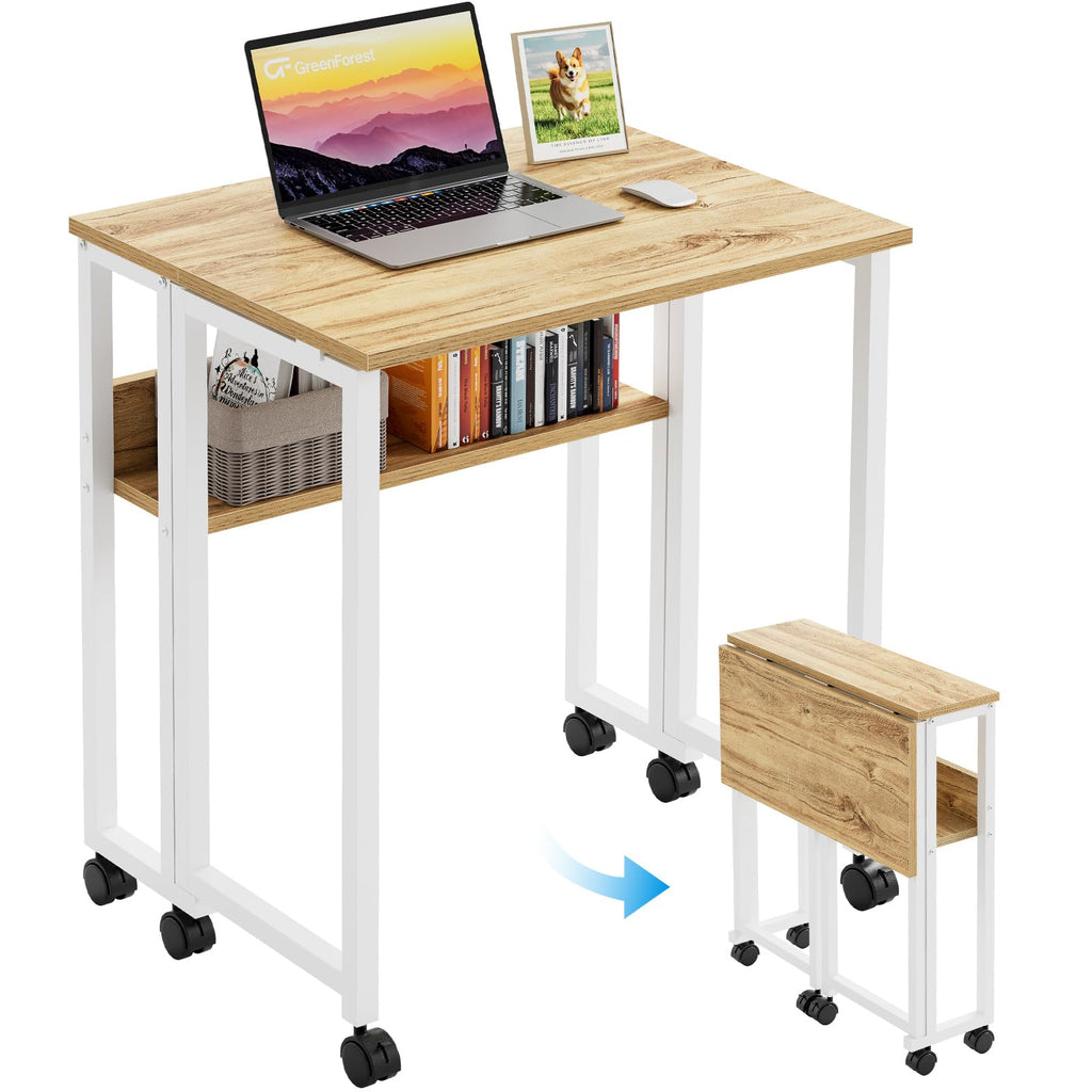Folding Desk with Wheels, 24.8 Inch Compact Rolling Computer Table with Storage Shelf, Portable Mobile Workstation for Small Spaces, Easy Assembly, Oak