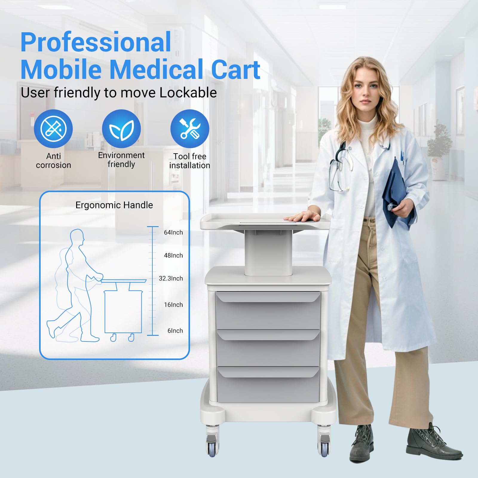 Medical Carts with Wheels and Drawers, Mobile Ultrasound Cart, Rolling Dental Implant Cart with Caster Wheels, Beauty Trolley Lab Storage Carts for Hospitals, Offices, Clinics, Bedrooms, and Salon