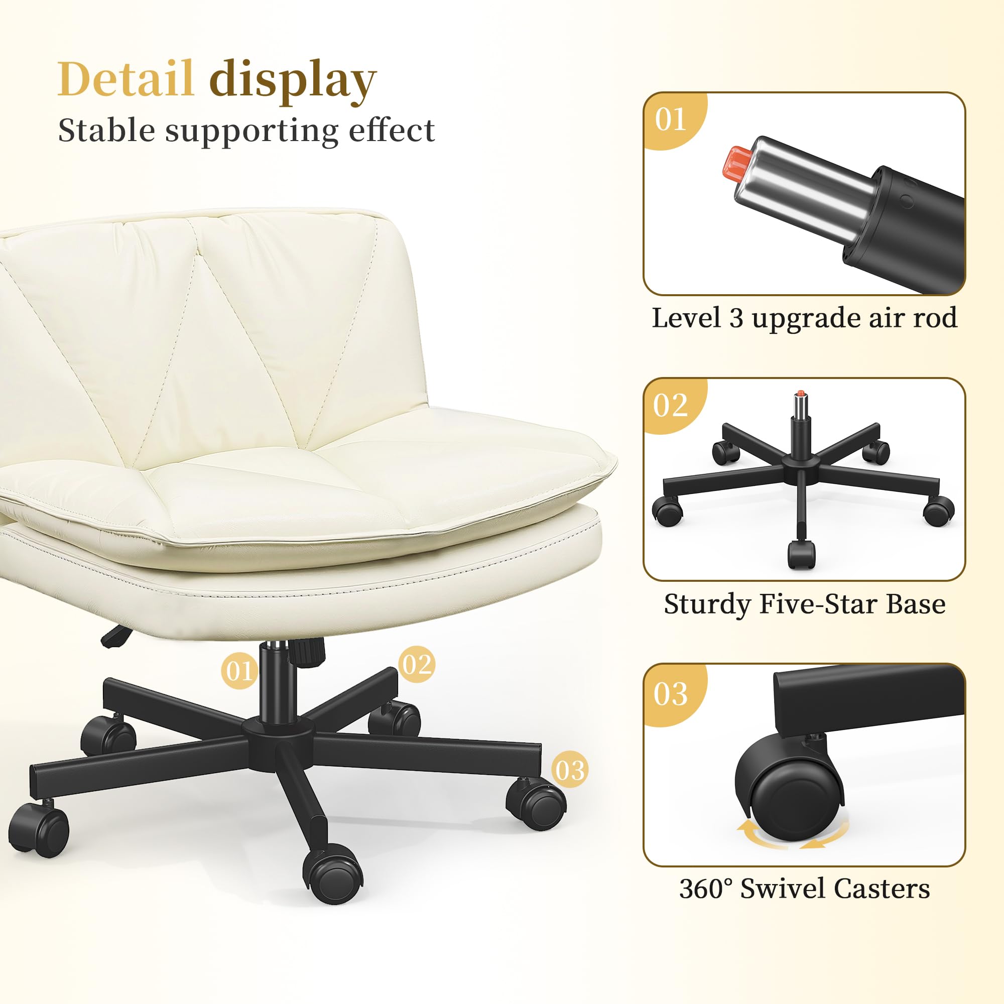 Criss Cross Chair with Wheels, Cross Legged Office Chair, Armless, 2 Layer Scratch-Resistant Pu Leather Swivel for Home Office,Makeup Vanities & Dressing Tables,Beige