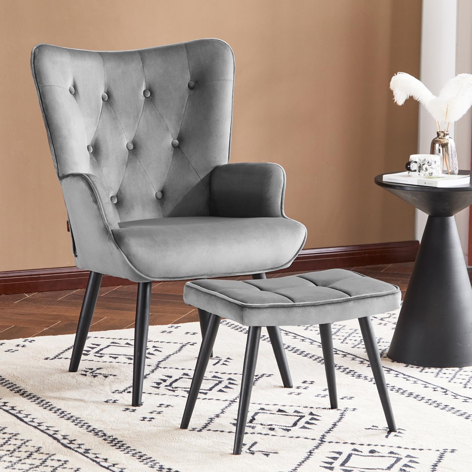 Velvet Accent Chair with Ottoman, Upholstered Reading Chair with High Backrest, Tufted-Button Wingback Armchair for Bedroom, Dressing Room, Home Office, Grey