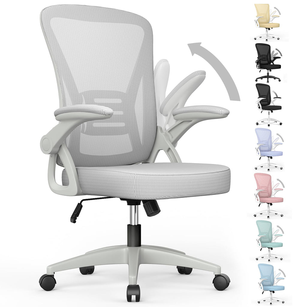 Ergonomic Office Chair, Mid Back Desk Chairs with Adjustable Height, Swivel Chair with Flip-Up Arms and Lumbar Support, Breathable Mesh Computer Chair for Home/Study/Working, Grey