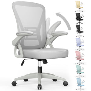 Ergonomic Office Chair, Mid Back Desk Chairs with Adjustable Height, Swivel Chair with Flip-Up Arms and Lumbar Support, Breathable Mesh Computer Chair for Home/Study/Working, Grey