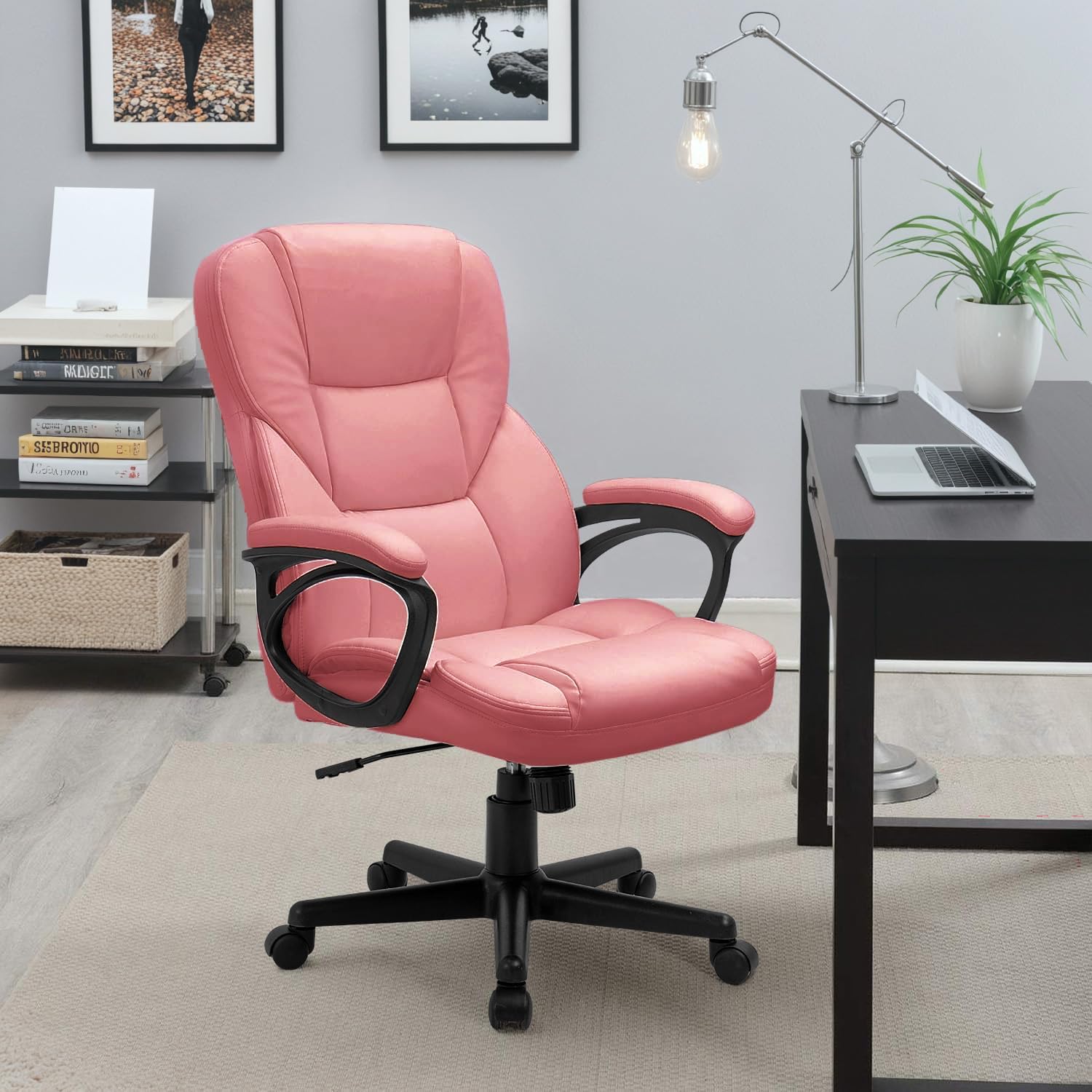 Office Executive Chair High Back Adjustable Managerial Home Desk Chair, Swivel Computer PU Leather Chair with Lumbar Support (2, Pink)