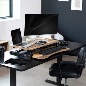 32 inch Desk Converter, K Series, Height Adjustable Sit to Stand Riser, Dual Monitor and Laptop Workstation with Wide Keyboard Tray, Reclaimed Wood Top, Black Frame, DESK-V000KP