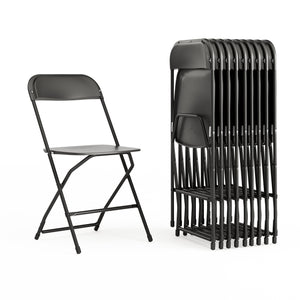 Hercules Set of 10 Indoor/Outdoor Heavy-Duty Plastic Folding Chairs, Foldable Commercial Stacking Chairs with 650-lb. Static Weight Capacity, Black