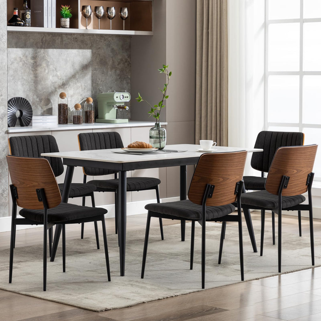 Black Dining Chairs Set of 6,Fabric Mid Century Modern Dining Chairs with Bentwood Back and Upholster Seat,Armless Kitchen Chairs with Metal Legs Adjustable Foot for Dining Room(Walnut Black)