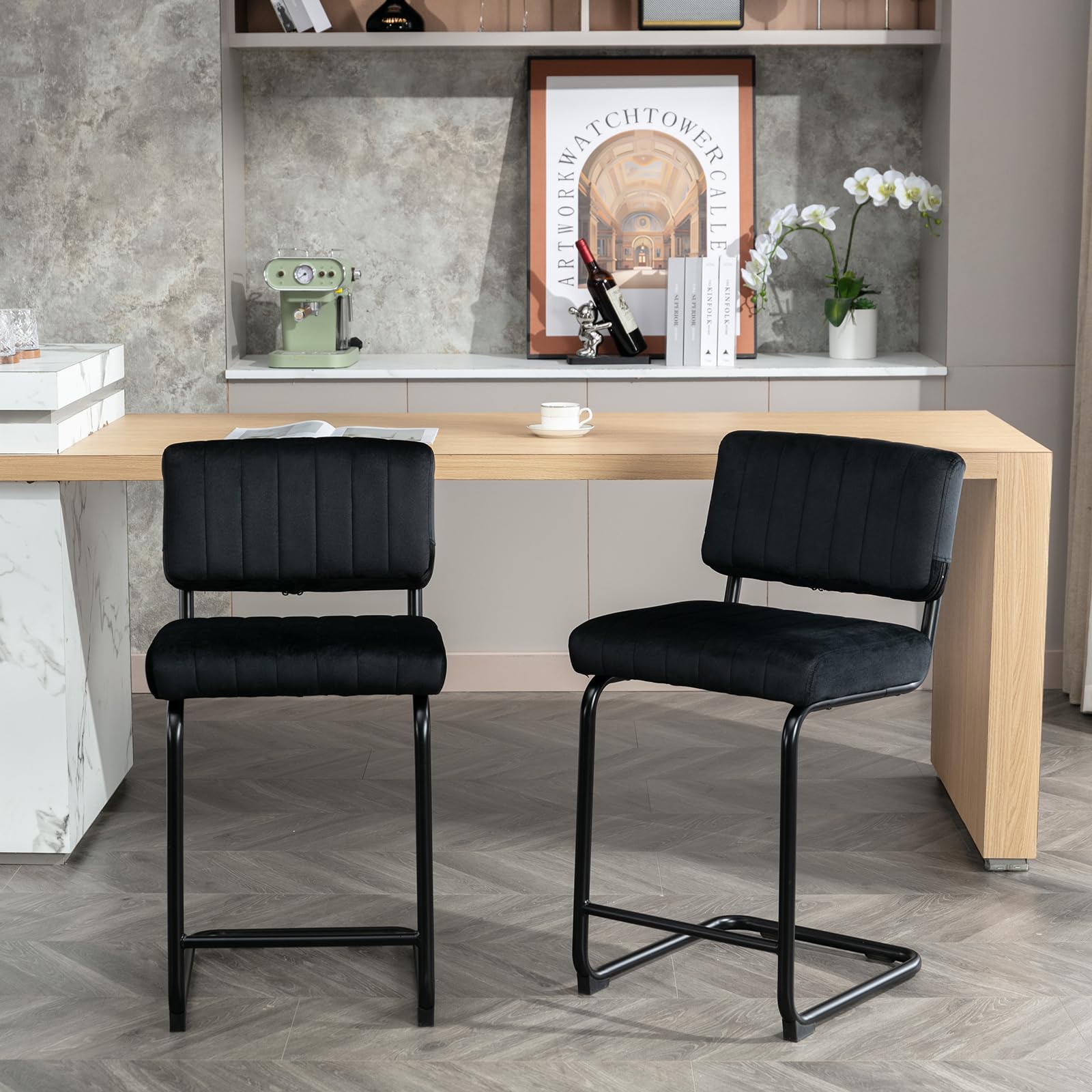 Bar Stools Set of 2,Counter Height Bar Chairs,24 inch Tall Bar Stool with Back,Barstools Bar Height Set of 2,Kitchen Counter Stools Modern Velvet Barstools for Island Dining Party