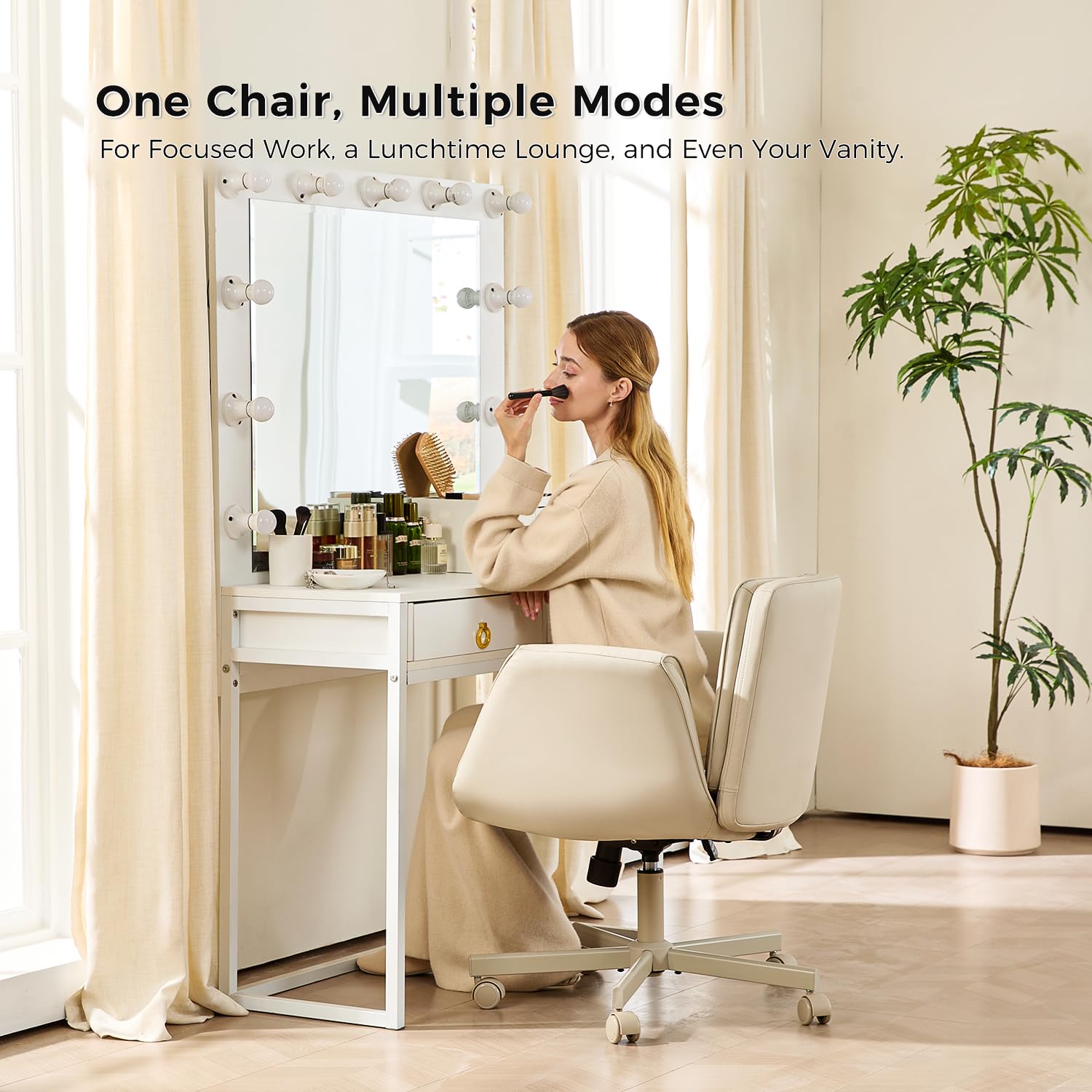 Criss Cross Chair with Armrests & Wheels, PU Leather Vanity Chair, Comfortable Adjustable Swivel Computer Office Desk Chairs for Home, Make Up, Bed Room (Cream White)