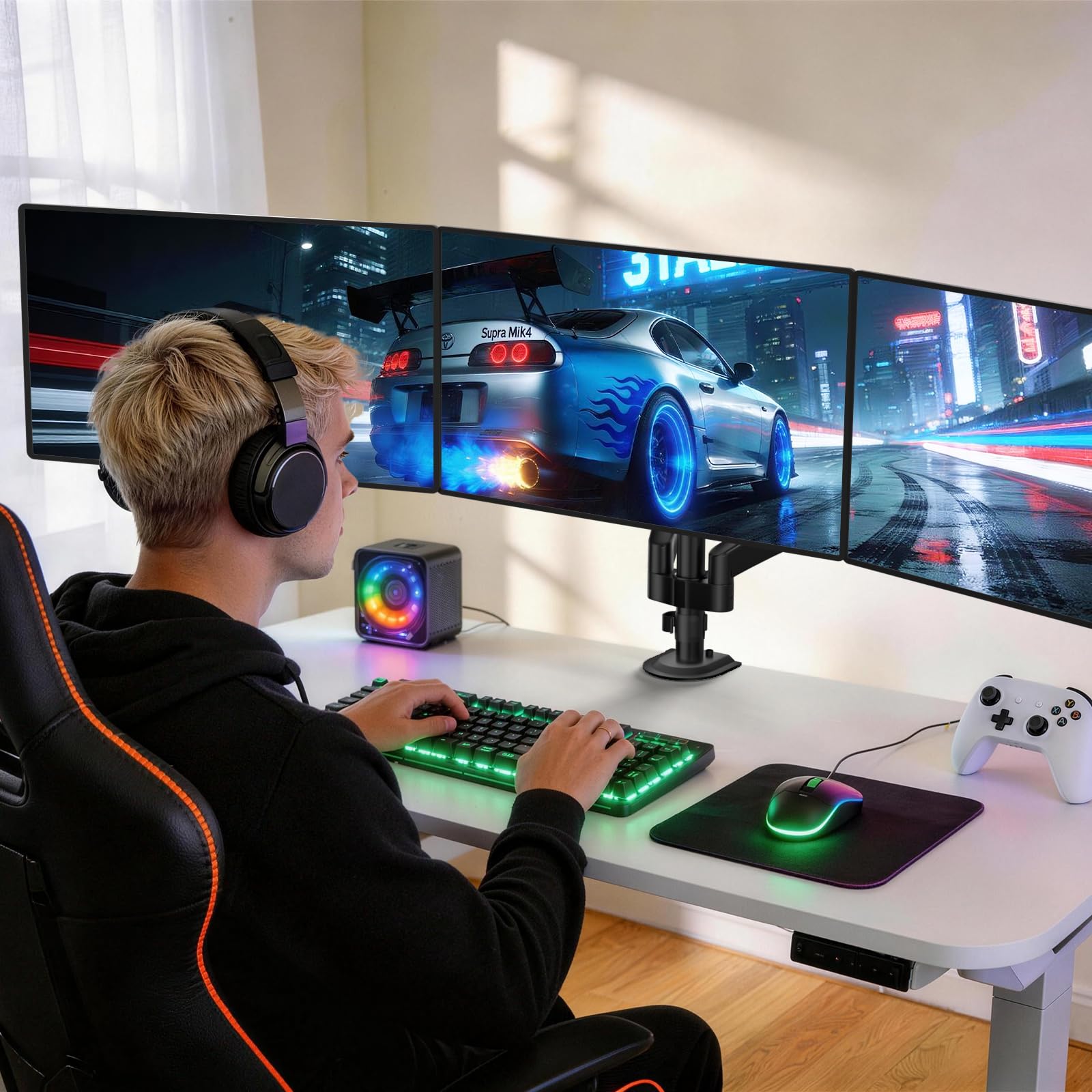 Triple Monitor Mount, 3 Monitor Desk Mount for Screens 13-33 Inch, Multiple Monitors Stand with Tilt, Swivel, Rotation, Mounting Holes 75/100 mm, Black