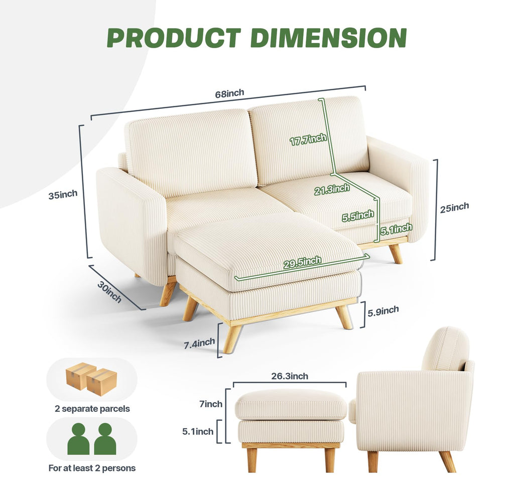 68" Loveseat Sofa with Movable Ottoman, Comfy Corduroy Couch with Spring Cushion, Sofa Couch with Solid Wood, Modern Office Sofa with Deep Seat for Living Room and Bedroom, Beige