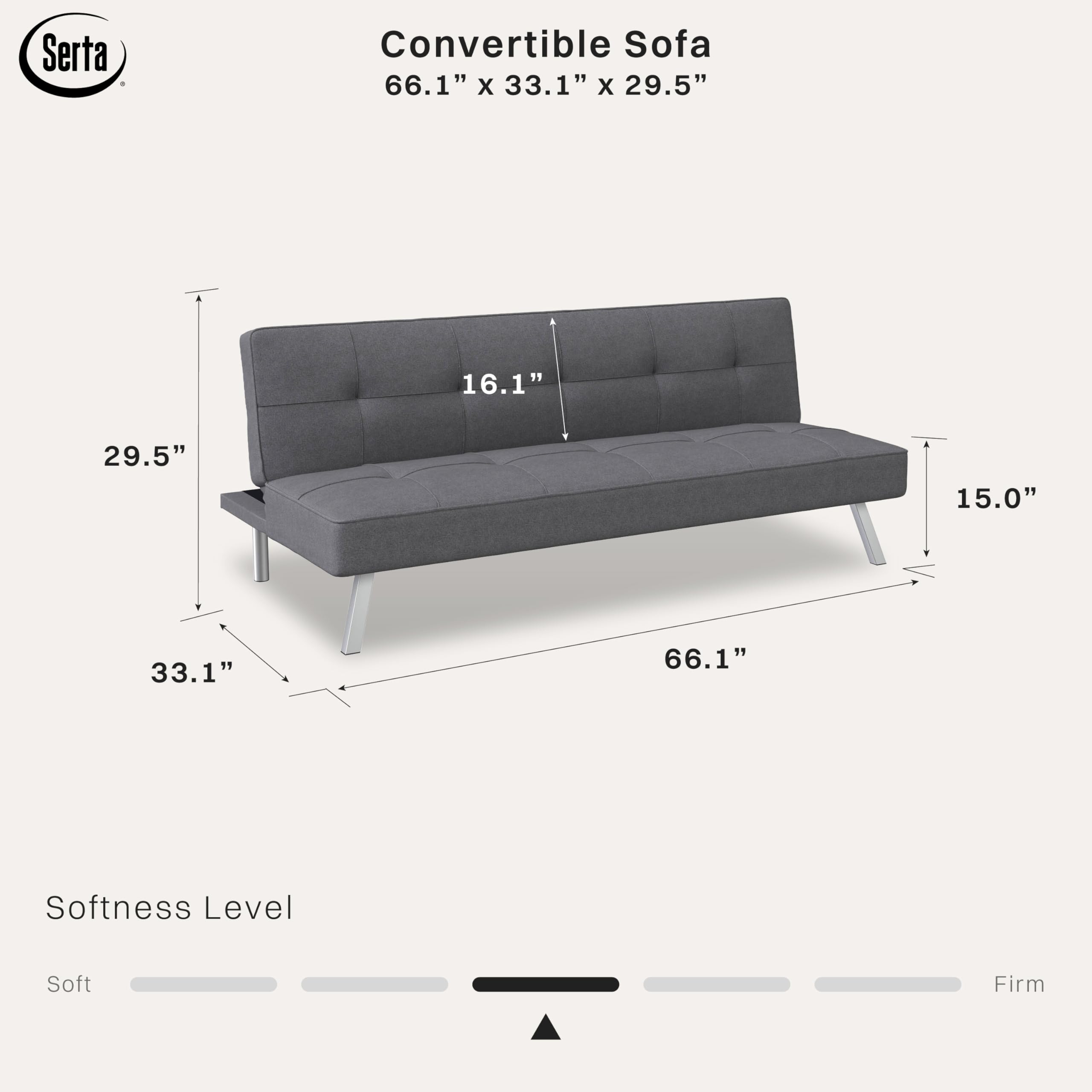 Rane Futon Sofa Bed 66.1", 3-in-1 Convertible Couch Sleeper for Small Spaces, Tufted Back, Twin Size Guest Bed, Chracoal Woven Fabric