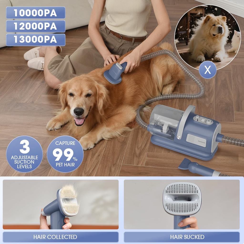 Dog Grooming Vacuum and Dryer Kit, Blower for Pet Vacuum Grooming 7 in 1 with Clippers for Dogs Hair Shedding Brush Remover Tools at Home Blue Grey