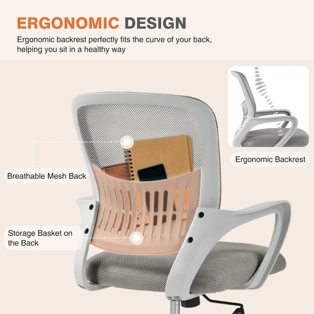 Home Office Managerial Executive Chair, Ergonomic Mesh Adjustable Swivel Mid-Back Computer Desk Chair with Comfortable Lumbar Support, Comfy Arms for Bedroom,Study
