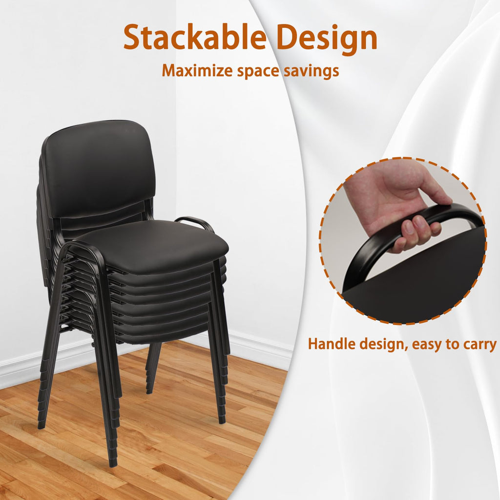 Stacking Waiting Room Chairs, PU Leather Armless Office Guest Chair with Metal Frames, Stackable Conference Room Chairs No Wheels for Reception Lobby Side Meeting Training School, Black