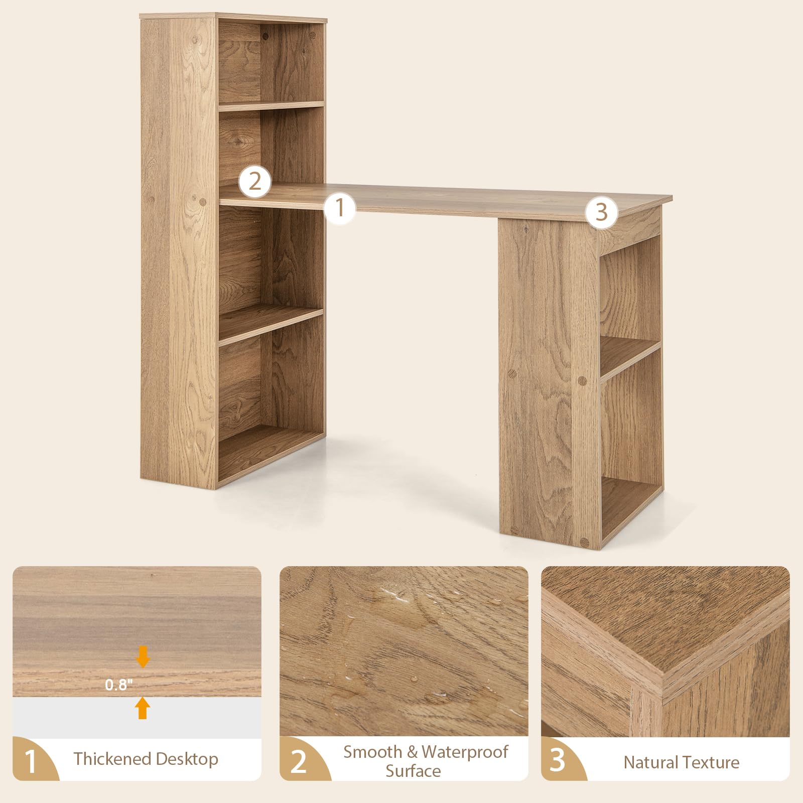 Computer Desk with Bookshelf, Writing Study Desk with Storage Shelves & CPU Stand, Modern Compact Computer Workstation for Home & Office, Space-Saving Design(Natural)