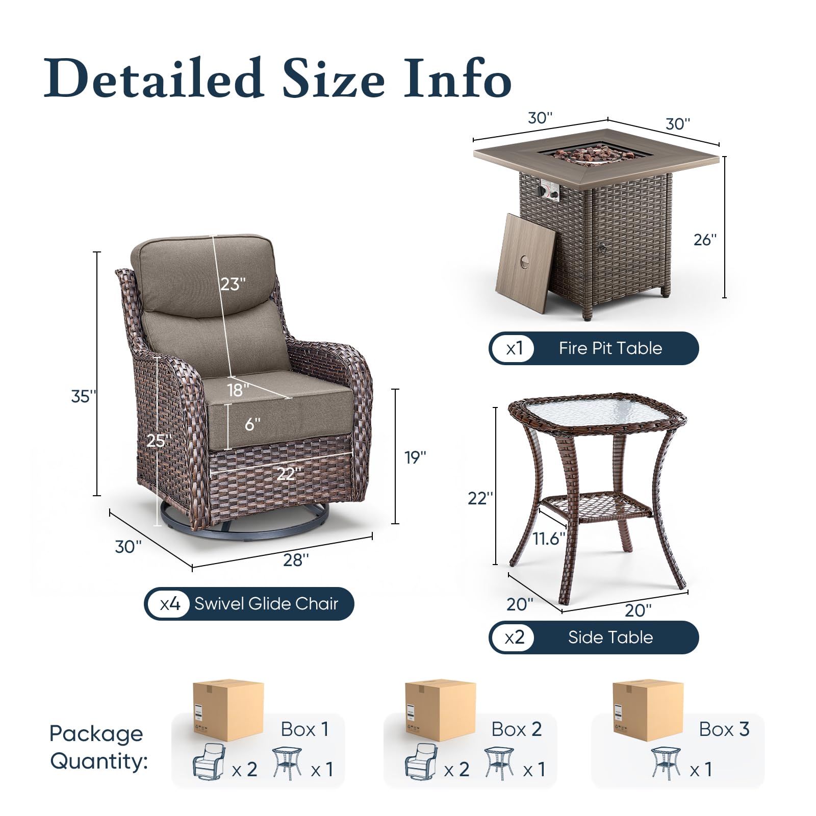 Luxury 6" Thick Cushioned Outdoor Swivel Rocker Chairs Set of 4 with Fire Pit Table, High Back Wicker Patio Furniture Set with Ergonomic Zone Back, Conversation Set for Deck Porch - Brown+Grey