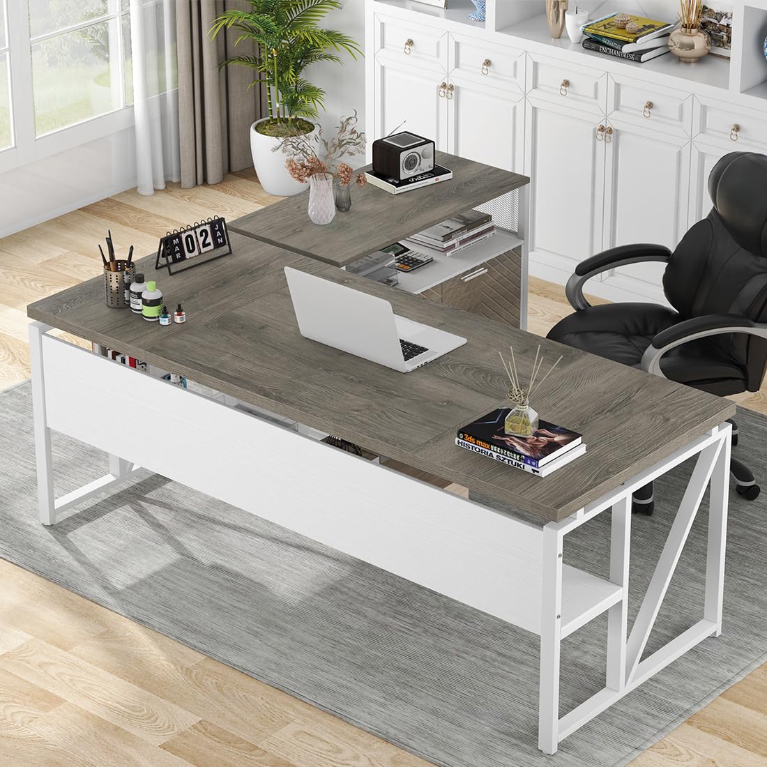 L Shaped Desk with Drawer Cabinet, 63