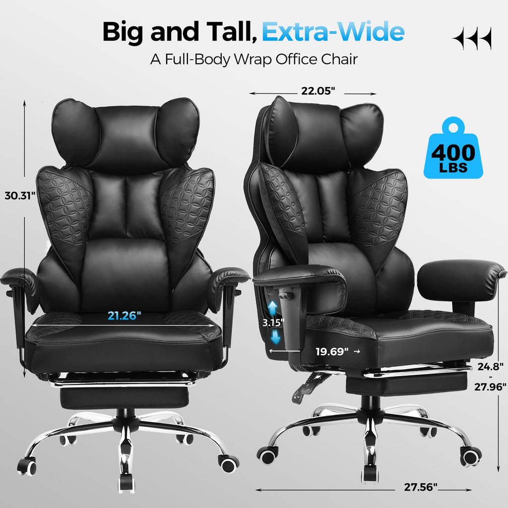 Big and Tall Gaming Chair 400lbs Heavy Duty Office Chair with Foot Rest & Ergonomic Pocket Spring Lumbar Support, High Back 3D Saddle Shaped Cushion for Back Pain Relief, Matte-Black