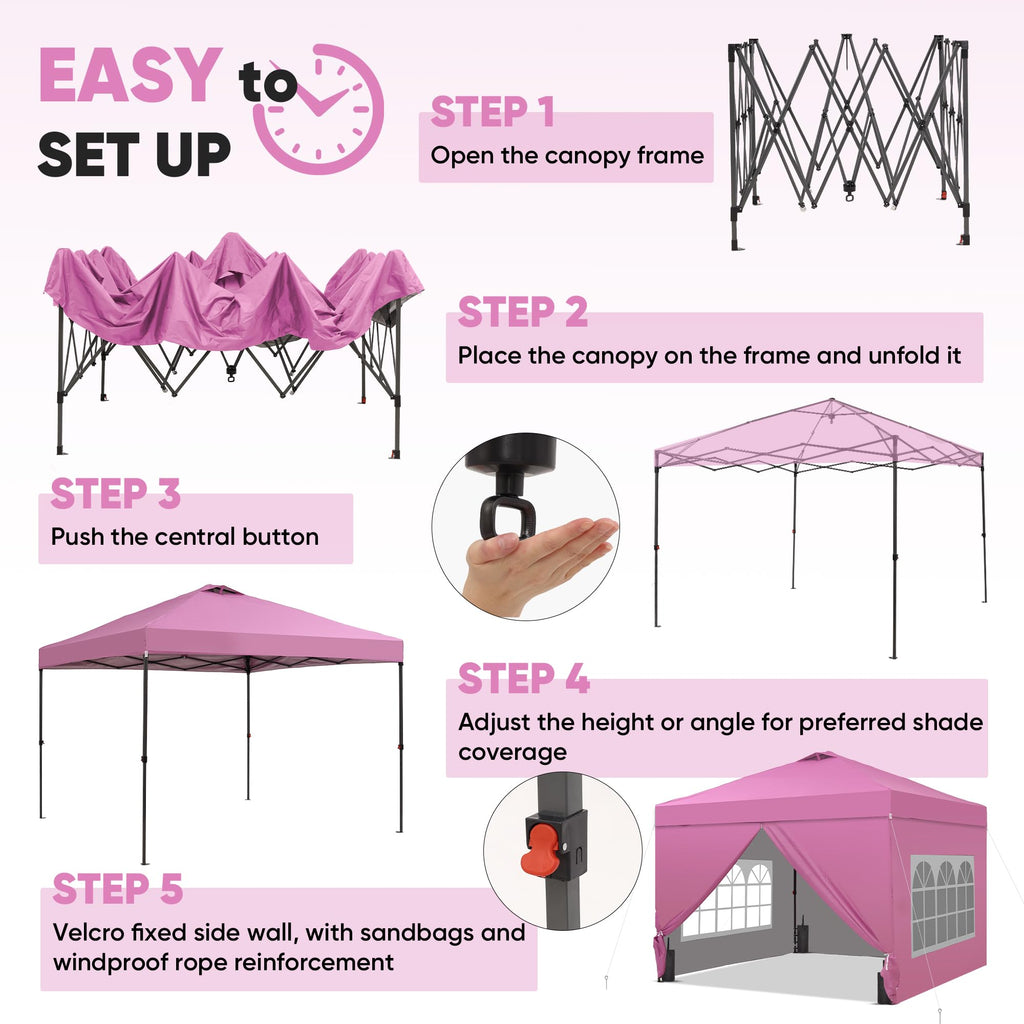 12x12 Pop Up Canopy Tent with 4 Sidewalls, Easy Set up with One Push Lift Gazebo with Wheel Bag and4 Sandbags,Carpas for Events, Parties,Camping, Pink.