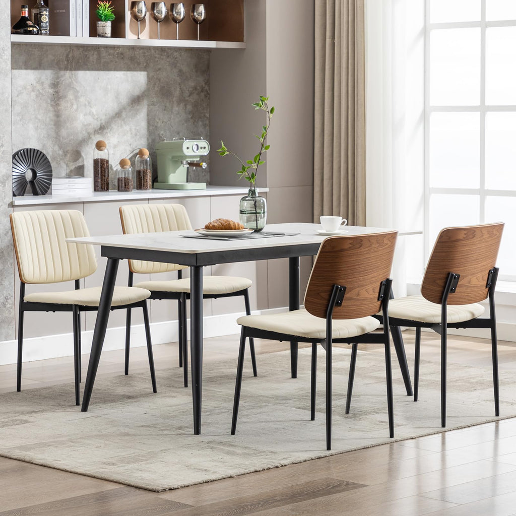 Leather Dining Chairs Set of 2, Mid Century Modern Dining Chairs with Bentwood Backrest and Upholster Seat,Armless Kitchen Chairs with Metal Legs Adjustable Foot for Dining Room(Beige)