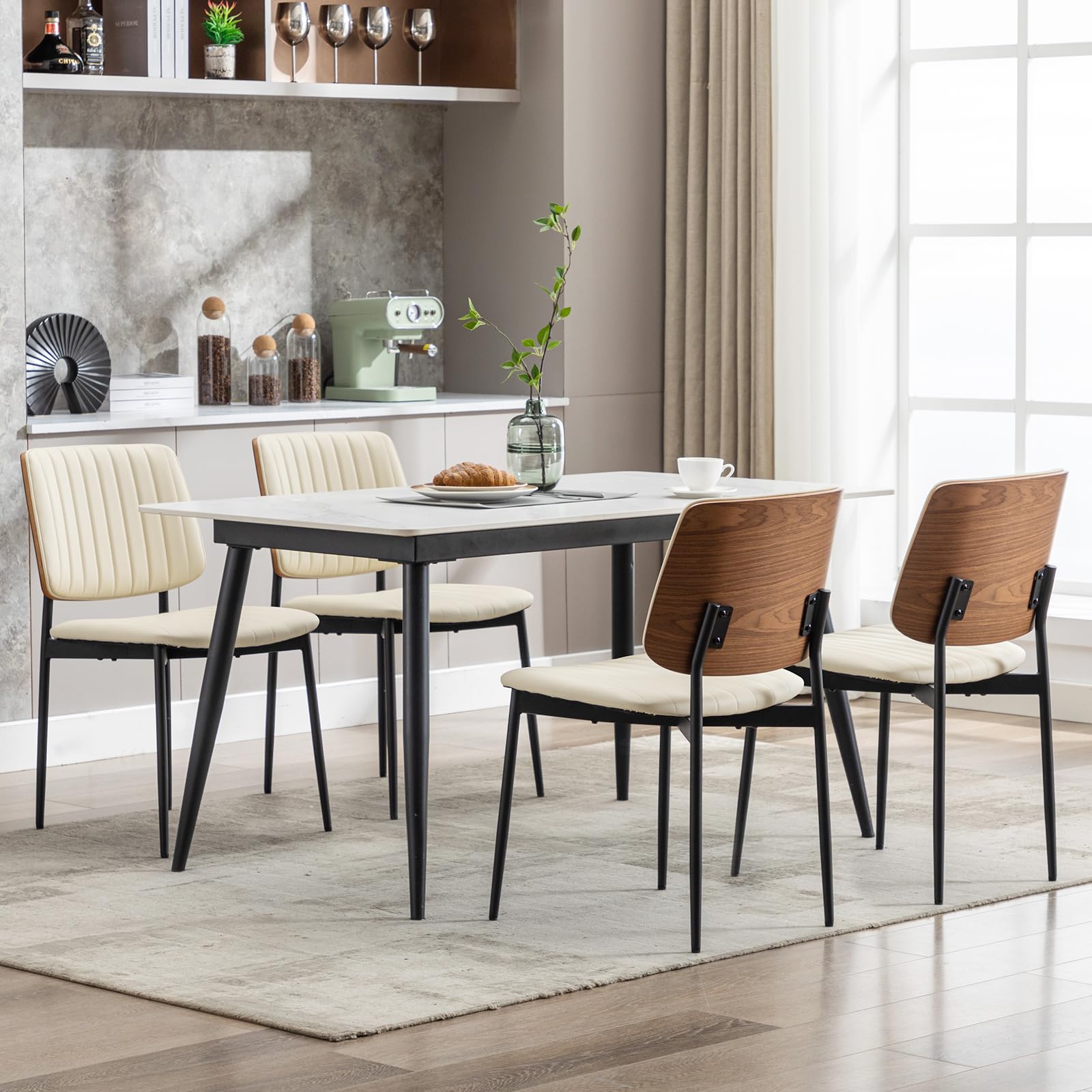 Leather Dining Chairs Set of 4, Mid Century Modern Dining Chairs with Bentwood Backrest and Upholster Seat,Armless Kitchen Chairs with Metal Legs Adjustable Foot for Dining Room(Beige)
