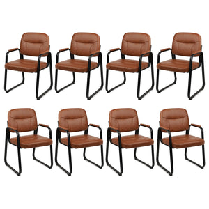 8 Pack, Waiting Room Guest Chair with Bonded Leather Padded Arm Rest for Office Reception and Conference Desk Black with Sled Base Brown