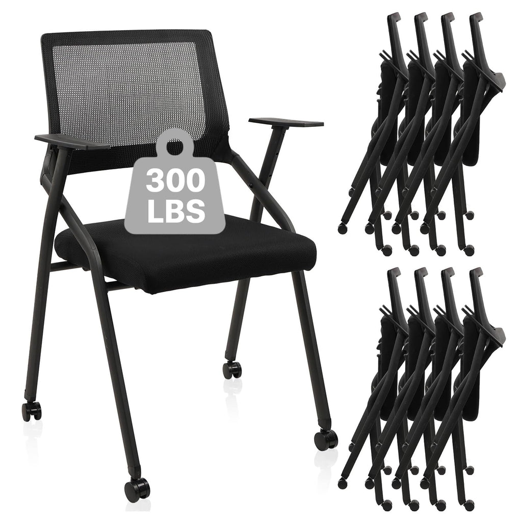 Black 8 Pack, Stackable Foldable Chairs with Wheels, Portable Padded Office Desk Chair with Lumbar Support and Armrest for Conference School Lobby Break Waiting Training Room Guest Reception